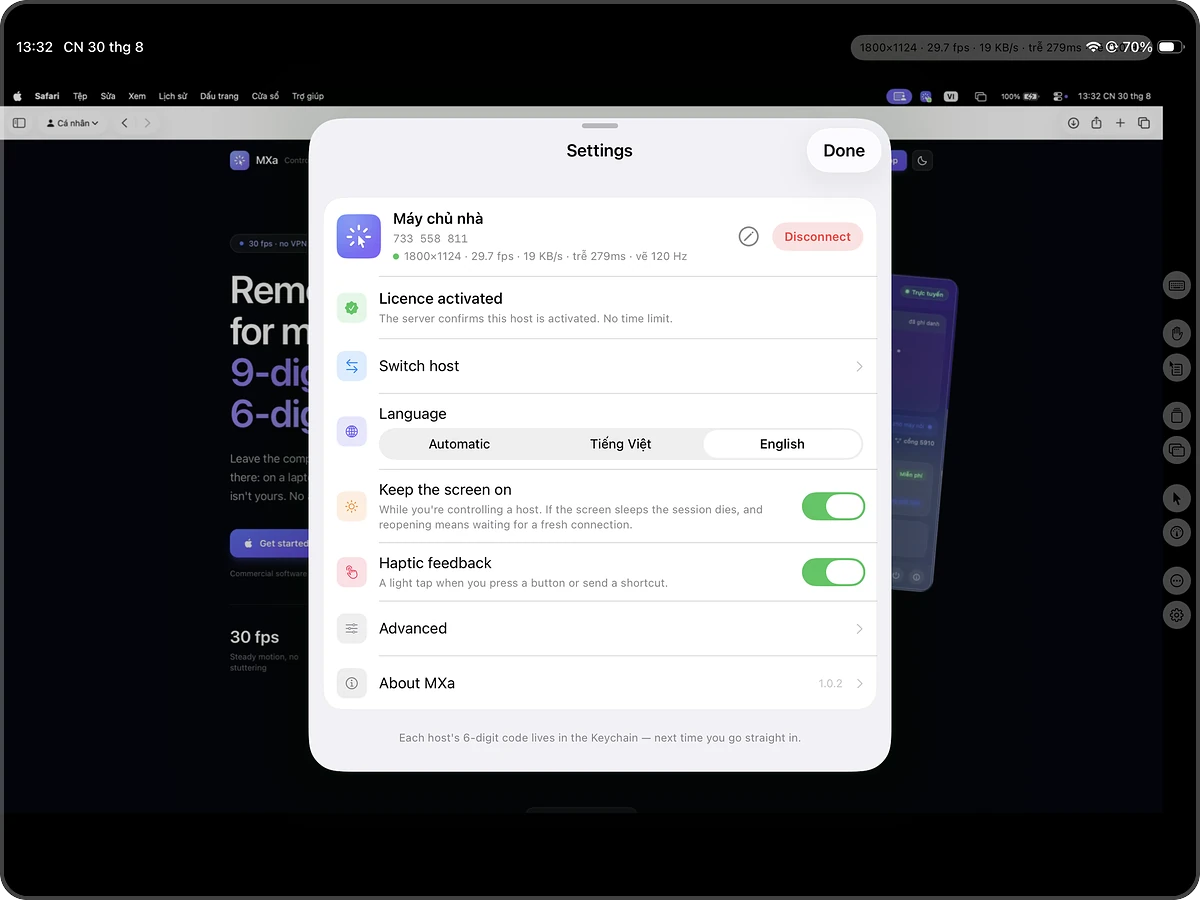 Ảnh chụp MXa trên iPad: Phiên đang chạy, số liệu bày sẵn